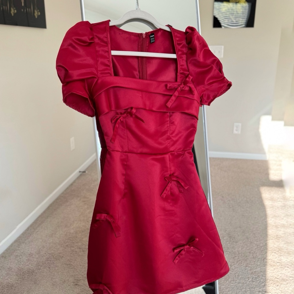 Red Satin Puff Sleeve Dress